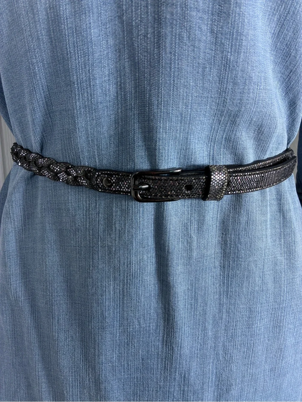 Women's belt 34” Sparkle Black Faux Leather Iridescent Finish braided